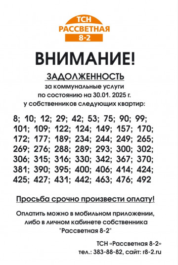Задолженность по квартплате на 30 января 2025