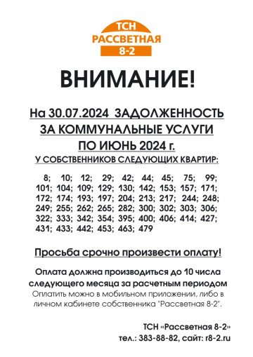 Задолженность на 30.07.2024 за предыдущие месяцы  начисления по ИЮНЬ 2024