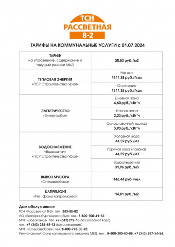 ТАРИФЫ на ресурсы с 1.07.2024